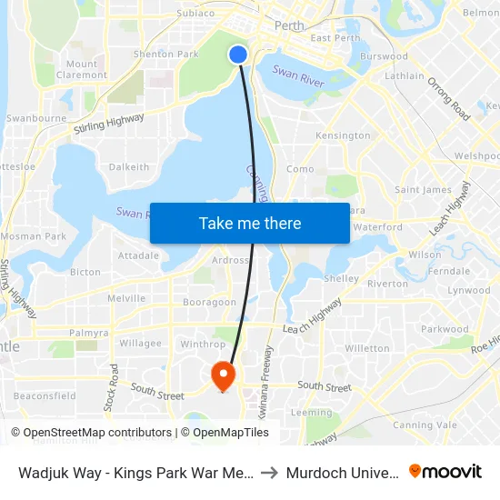 Wadjuk Way - Kings Park War Memorial to Murdoch University map
