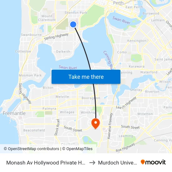 Monash Av Hollywood Private Hospital to Murdoch University map