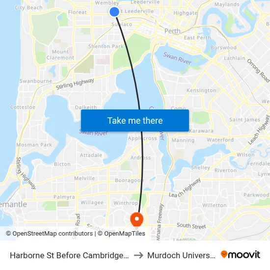 Harborne St Before Cambridge St to Murdoch University map