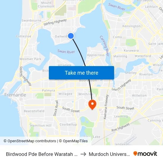 Birdwood Pde Before Waratah Av to Murdoch University map