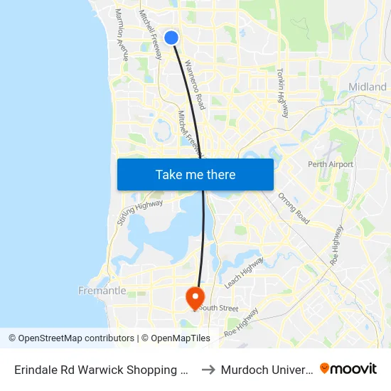 Erindale Rd Warwick Shopping Centre to Murdoch University map