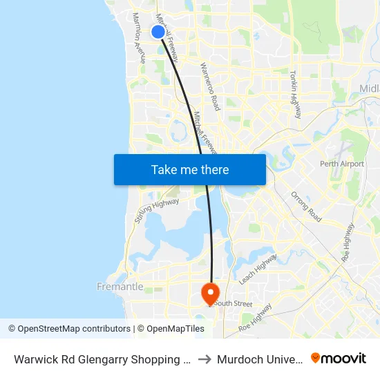 Warwick Rd Glengarry Shopping Centre to Murdoch University map