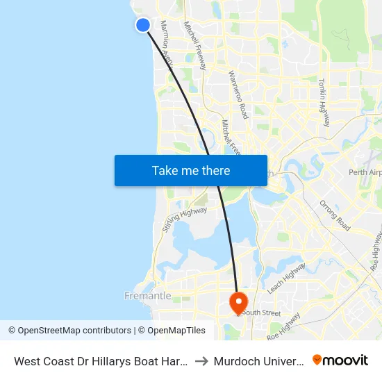 West Coast Dr Hillarys Boat Harbour to Murdoch University map