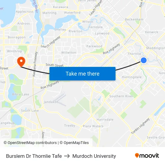 Burslem Dr Thornlie Tafe to Murdoch University map
