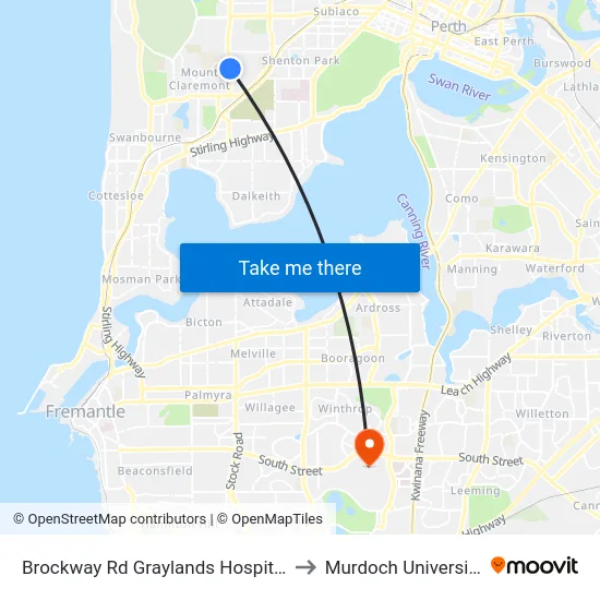 Brockway Rd Graylands Hospital to Murdoch University map