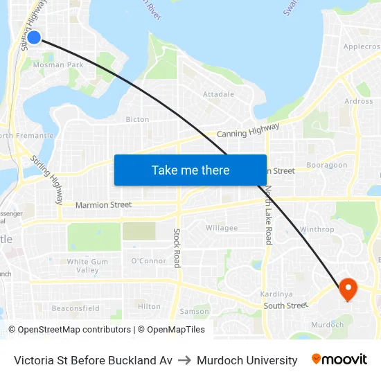 Victoria St Before Buckland Av to Murdoch University map
