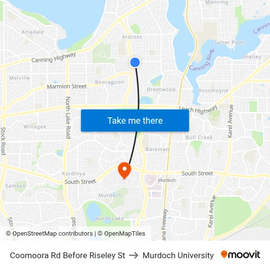 Coomoora Rd Before Riseley St to Murdoch University map