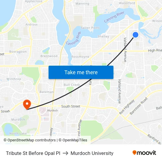 Tribute St Before Opal Pl to Murdoch University map