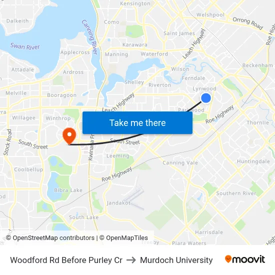 Woodford Rd Before Purley Cr to Murdoch University map