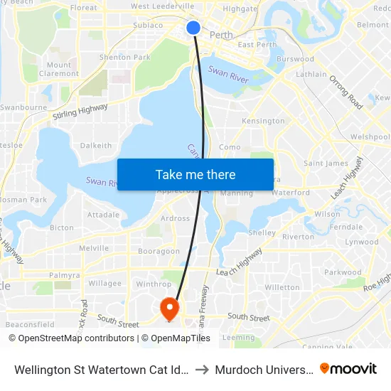 Wellington St Watertown Cat Id 64 to Murdoch University map