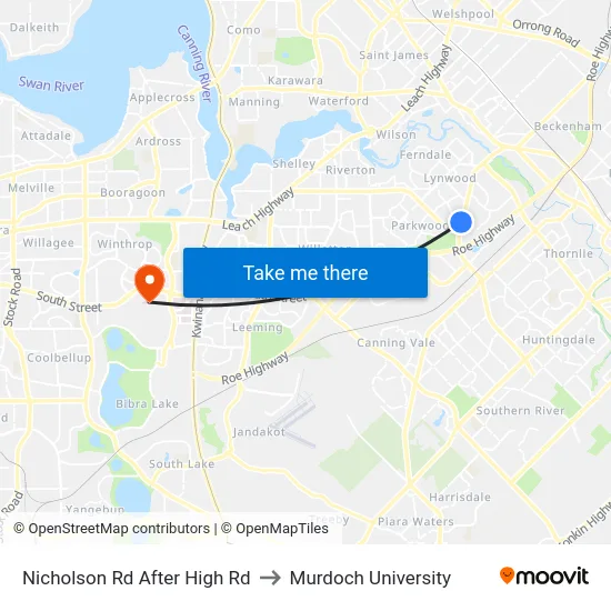 Nicholson Rd After High Rd to Murdoch University map