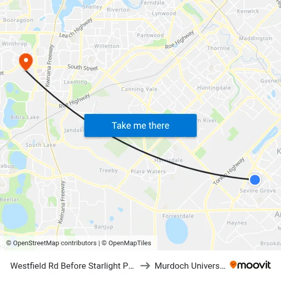 Westfield Rd Before Starlight Pass to Murdoch University map