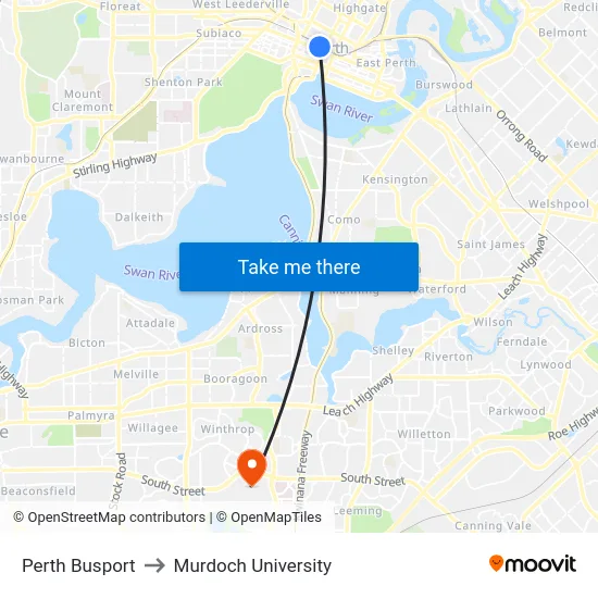 Perth Busport to Murdoch University map