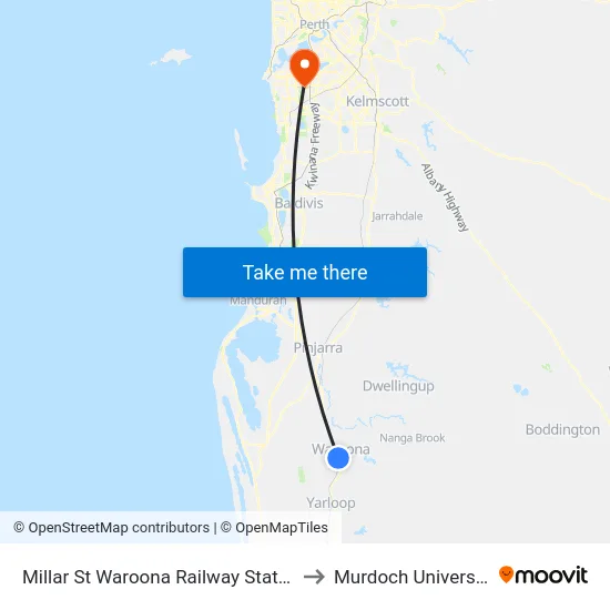 Millar St Waroona Railway Station to Murdoch University map