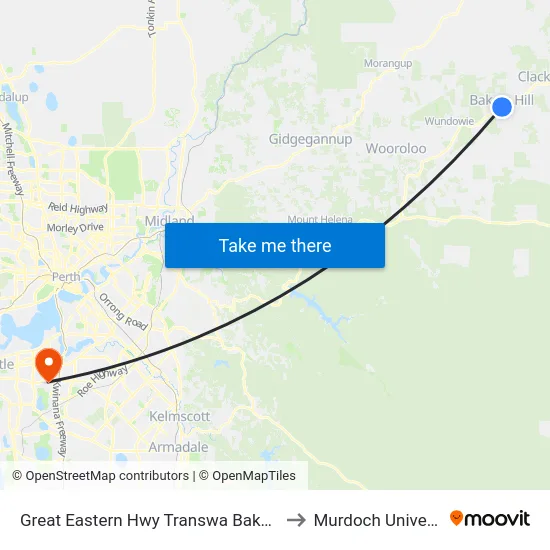 Great Eastern Hwy Transwa Bakers Hill to Murdoch University map