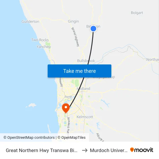 Great Northern Hwy Transwa Bindoon to Murdoch University map
