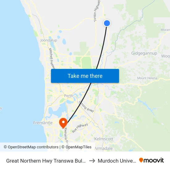 Great Northern Hwy Transwa Bullsbrook to Murdoch University map