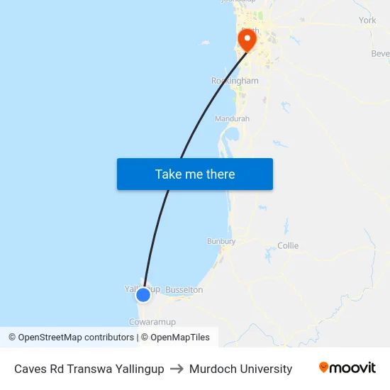 Caves Rd Transwa Yallingup to Murdoch University map