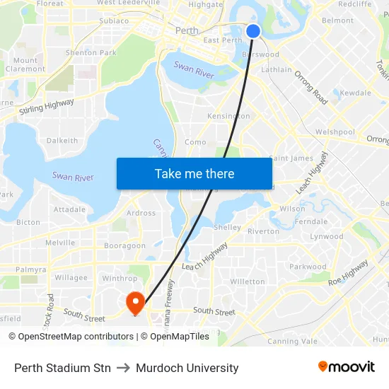 Perth Stadium Stn to Murdoch University map