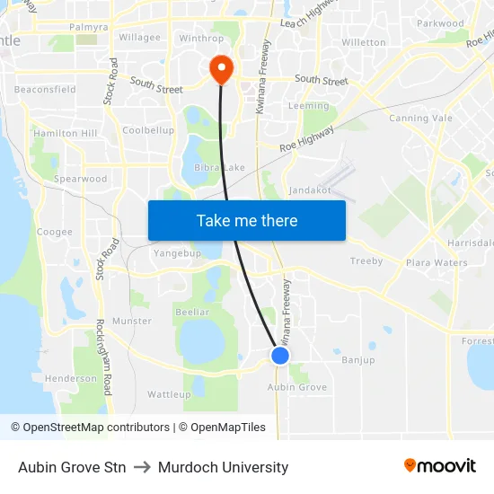 Aubin Grove Stn to Murdoch University map