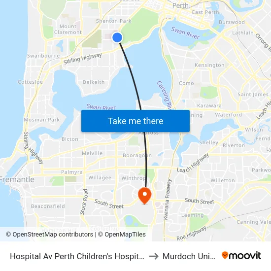 Hospital Av Perth Children's Hospital Cat Id 116 to Murdoch University map