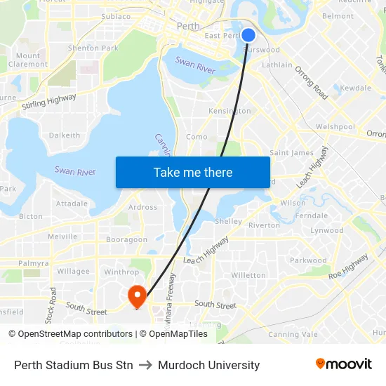 Perth Stadium Bus Stn to Murdoch University map