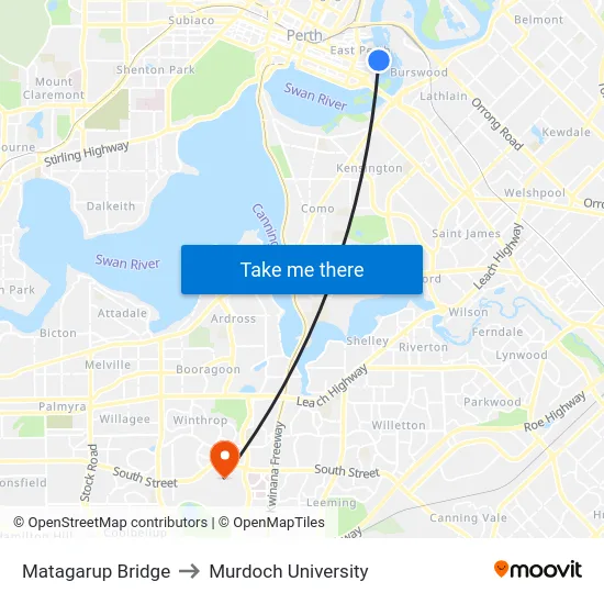 Matagarup Bridge to Murdoch University map