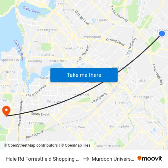 Hale Rd Forrestfield Shopping Ctr to Murdoch University map