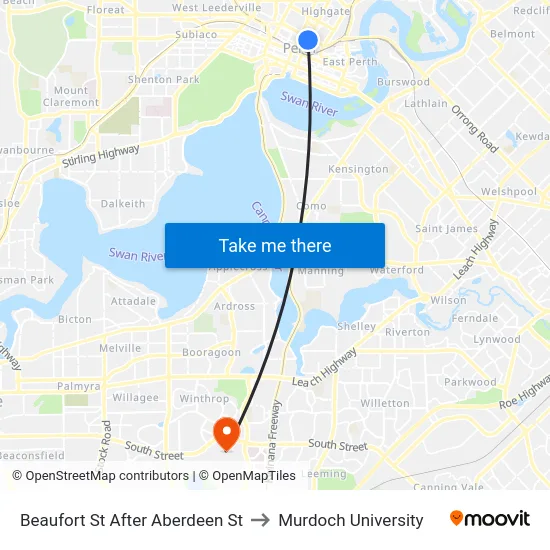 Beaufort St After Aberdeen St to Murdoch University map