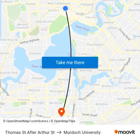 Thomas St After Arthur St to Murdoch University map