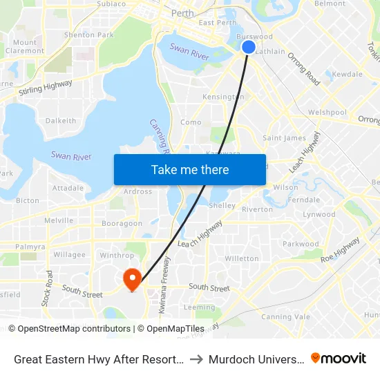 Great Eastern Hwy After Resort Dr to Murdoch University map