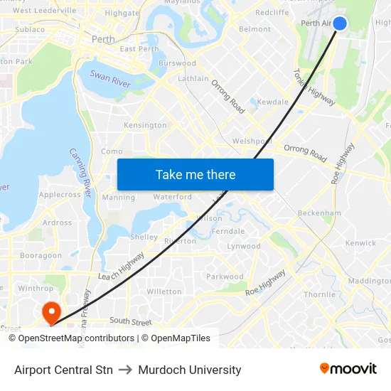 Airport Central Stn to Murdoch University map