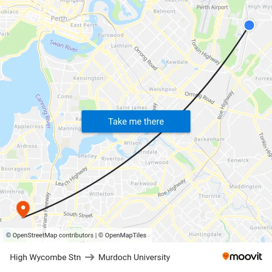 High Wycombe Stn to Murdoch University map
