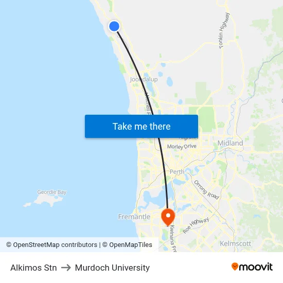 Alkimos Stn to Murdoch University map