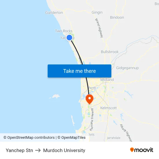 Yanchep Stn to Murdoch University map