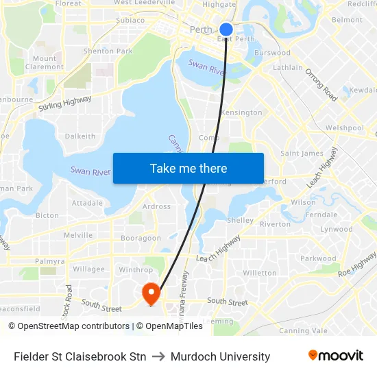 Fielder St Claisebrook Stn to Murdoch University map