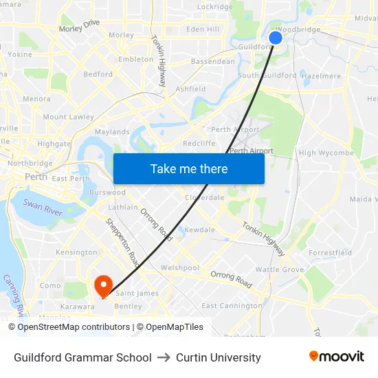 Guildford Grammar School to Curtin University map