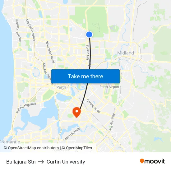 Ballajura Stn to Curtin University map