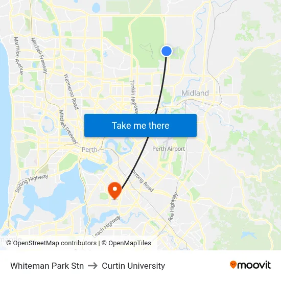 Whiteman Park Stn to Curtin University map