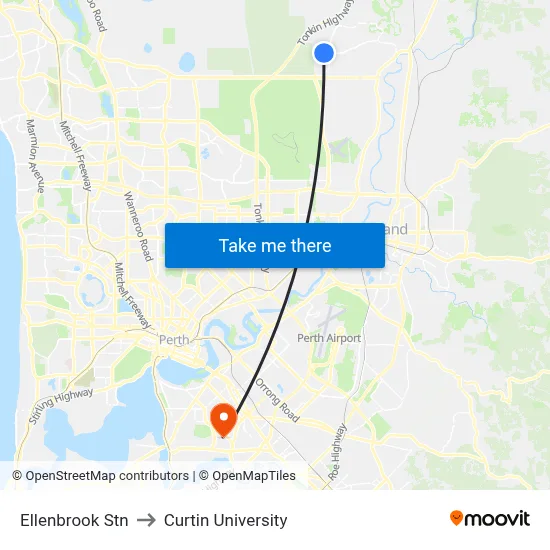 Ellenbrook Stn to Curtin University map