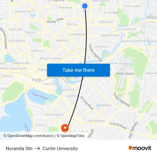 Noranda Stn to Curtin University map