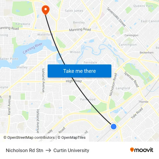 Nicholson Rd Stn to Curtin University map
