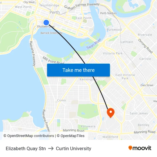Elizabeth Quay Stn to Curtin University map
