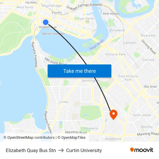 Elizabeth Quay Bus Stn to Curtin University map