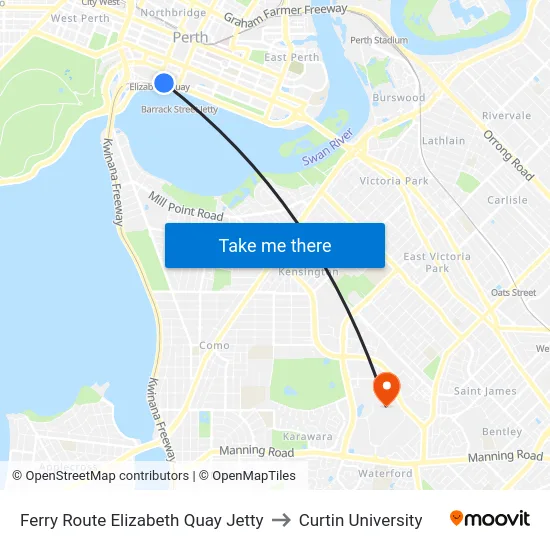 Ferry Route Elizabeth Quay Jetty to Curtin University map