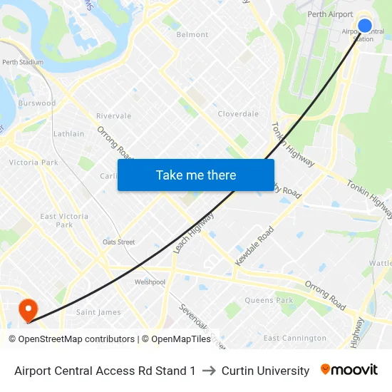 Airport Central Access Rd Stand 1 to Curtin University map