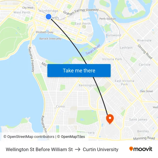 Wellington St Before William St to Curtin University map
