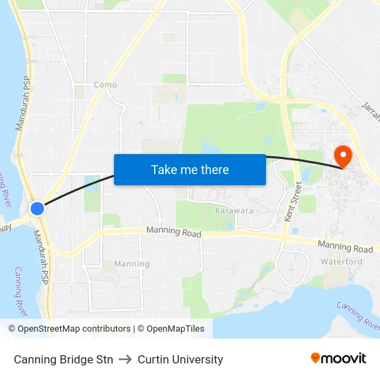 Canning Bridge Stn to Curtin University map