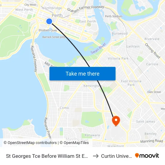 St Georges Tce Before William St Eastbound to Curtin University map