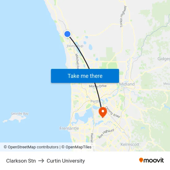 Clarkson Stn to Curtin University map